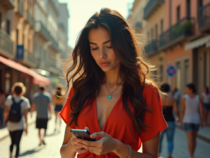 Eine junge Latina namens Emilia steht in einem modernen Stadtumfeld in einem roten Kleid, schaut auf ihr Smartphone, umgeben von Hochhäusern und geschäftigen Menschen, beleuchtet von warmem, natürlichem Licht.