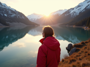 A person in a red jacket stands by a serene lake in Lenzerheide, surrounded by snow-capped mountains, illuminated by the warm light of sunset.