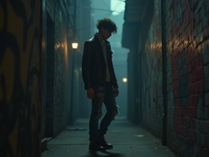 A solitary figure in a dimly lit urban alleyway, wearing a leather jacket and jeans, surrounded by graffiti and illuminated by soft streetlight.