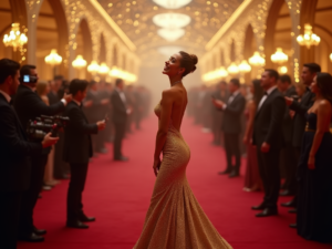 Eine elegante Schauspielerin in einem glitzernden Abendkleid posiert auf dem roten Teppich der Oscarverleihung 2025, umgeben von Blitzlichtern und jubelnden Gästen in einem festlichen Veranstaltungsort.