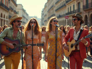 A vibrant street performance by the music group Ricchi e Poveri, featuring four band members singing and playing guitars, with a small crowd and late afternoon sunlight in the background.