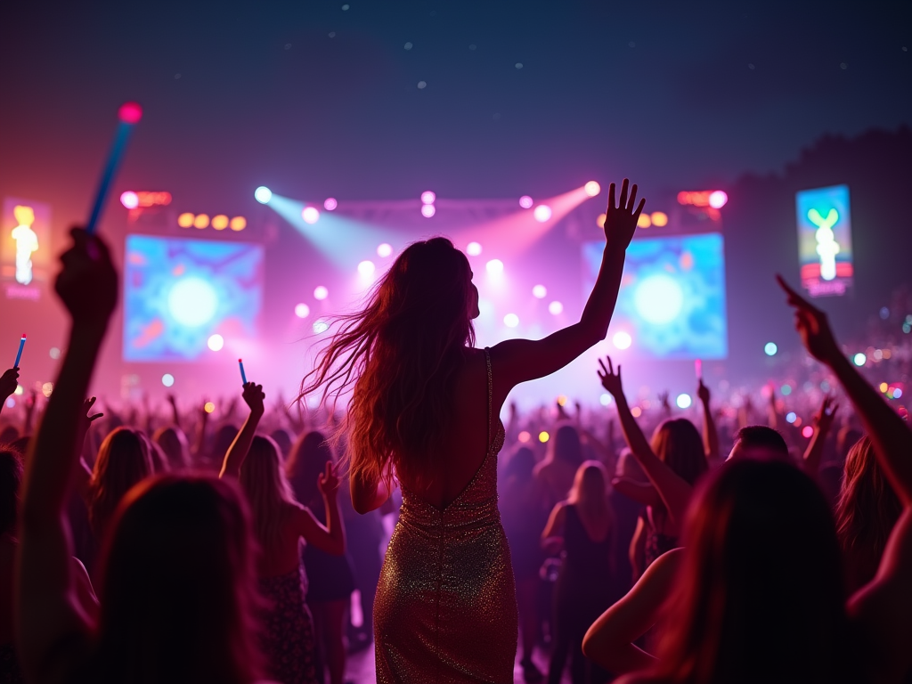 A lively scene from the Sanremo 2025 music festival featuring a female singer on stage, surrounded by enthusiastic fans under a starry night sky.