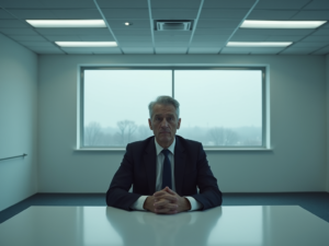 A middle-aged man in a business suit sits at a minimalistic desk in a stark office, illuminated by cold fluorescent lighting and an overcast sky visible through a large window.