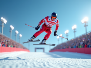 A ski jumper in a red and white suit soaring through the air during a competition, with a crowd in the background and bright stadium lights.