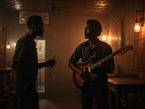 Zwei afroamerikanische Zwillingsbrüder stehen in einem historischen Juke Joint in den Südstaaten 1932, umgeben von dunkler Holzmöblierung und mystischem Kerzenlicht, während im Hintergrund Schatten weißer Vampire sichtbar sind.